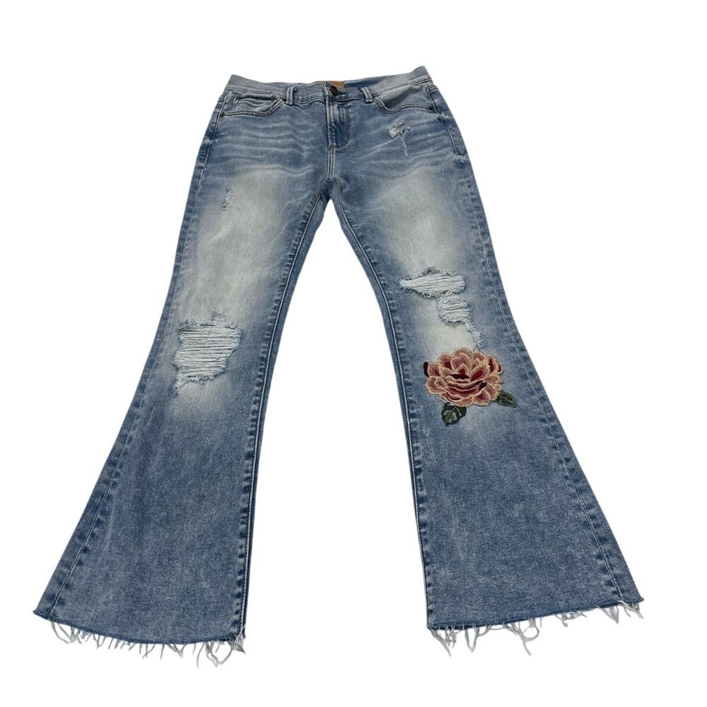 Driftwood Women’s 26 Roxy Kick Flare Cropped Jeans Distressed Embroidered Floral - Picture 5 of 12